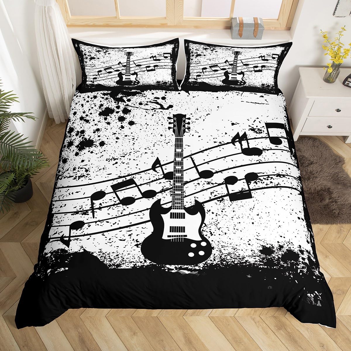 Homewish Vintage Guitar Comforter Cover Music Notes Bed Set, Musical Instrument Duvet Cover Double Retro Grunge Bedding Sets, Popstar Musician Bedspread Cover with 2 Pillowcase Soft Cozy