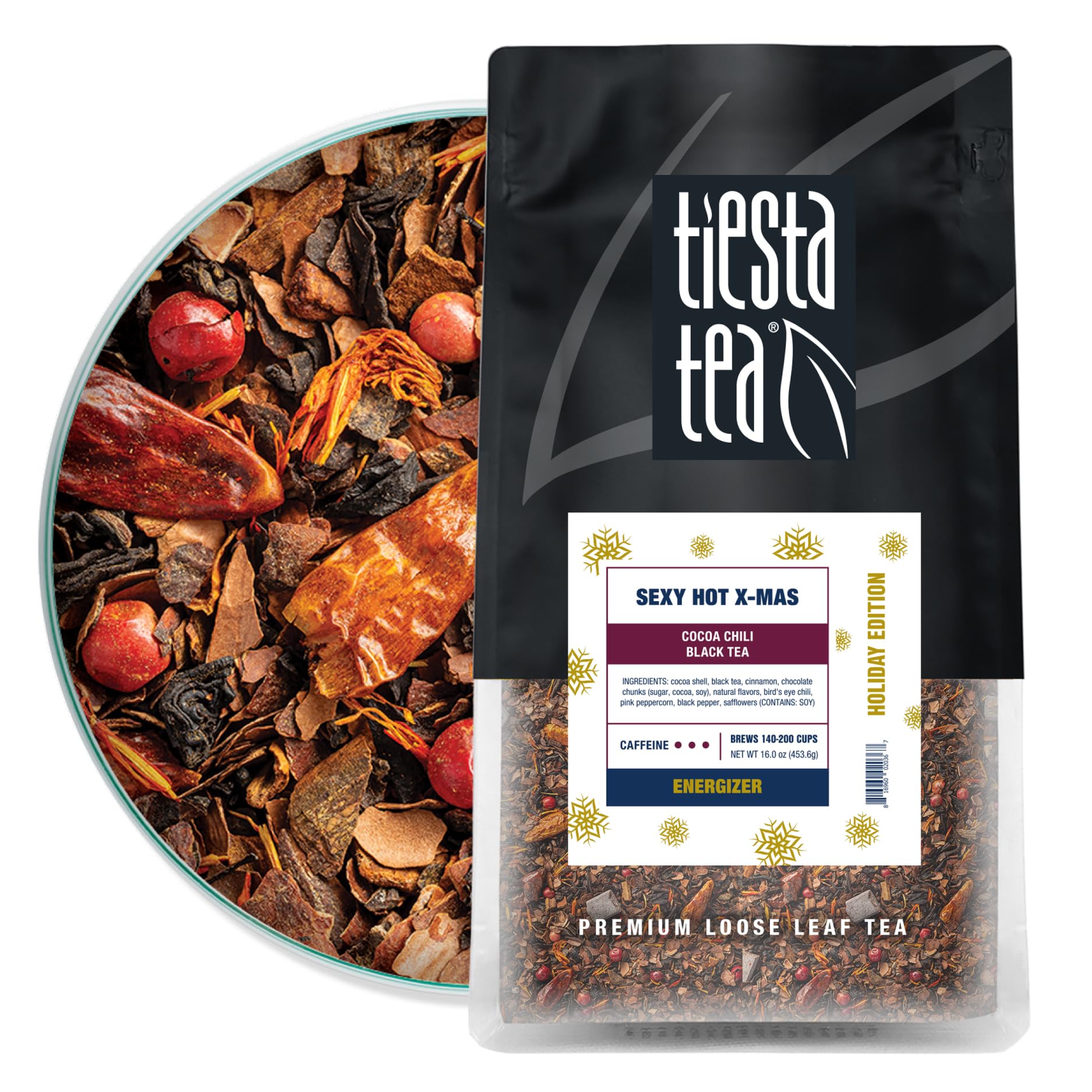Tiesta Tea – Sexy Hot Christmas, Loose Leaf, Cocoa Chili Black Tea, Premium Blend, High Caffeinated Spicy Black, Make Hot or Iced Tea & Brews Up to 200 Cups, 16oz Resealable Bulk Pouch