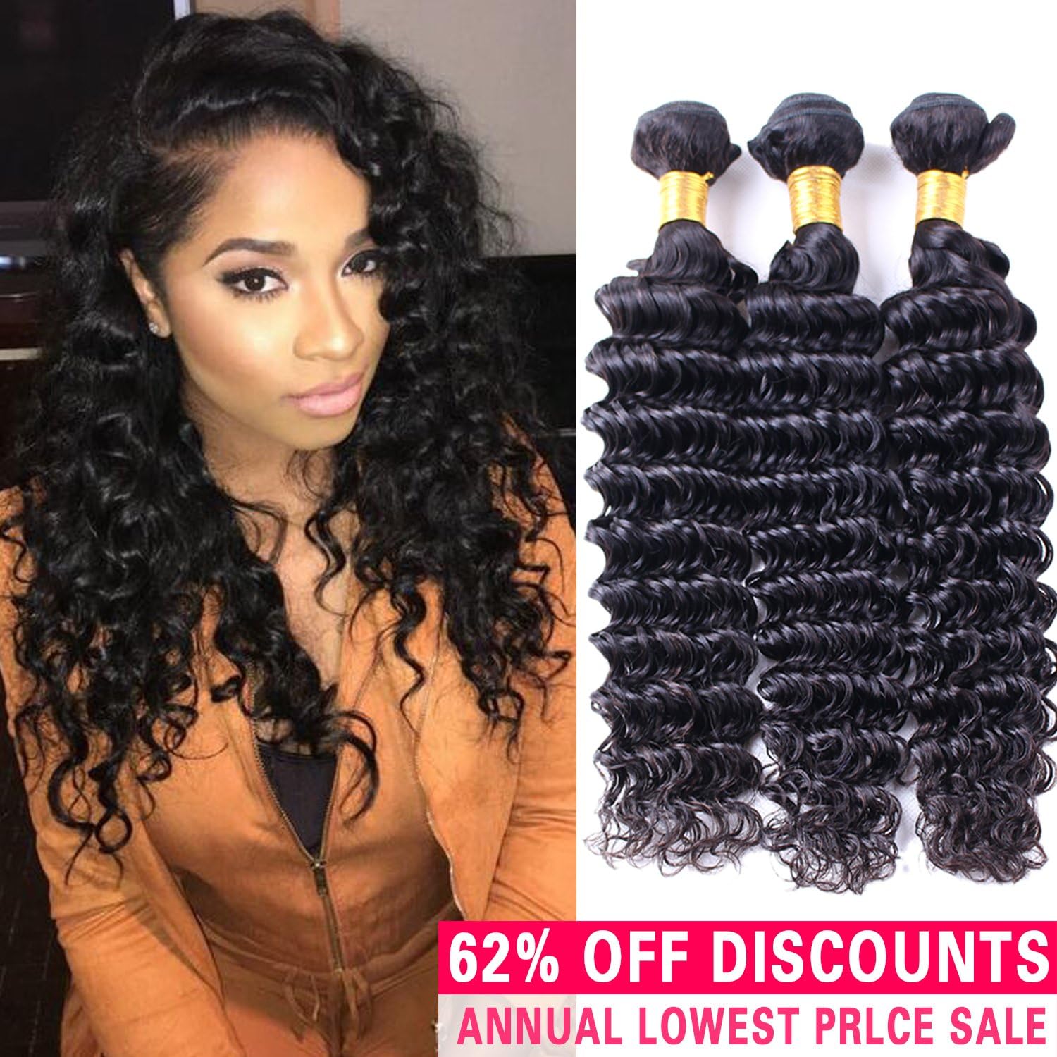 3 Bundles Virgin Hair Deep Wave Human Hair Extensions Brazilian Deep Wave Bundles 300g (14 16 18)