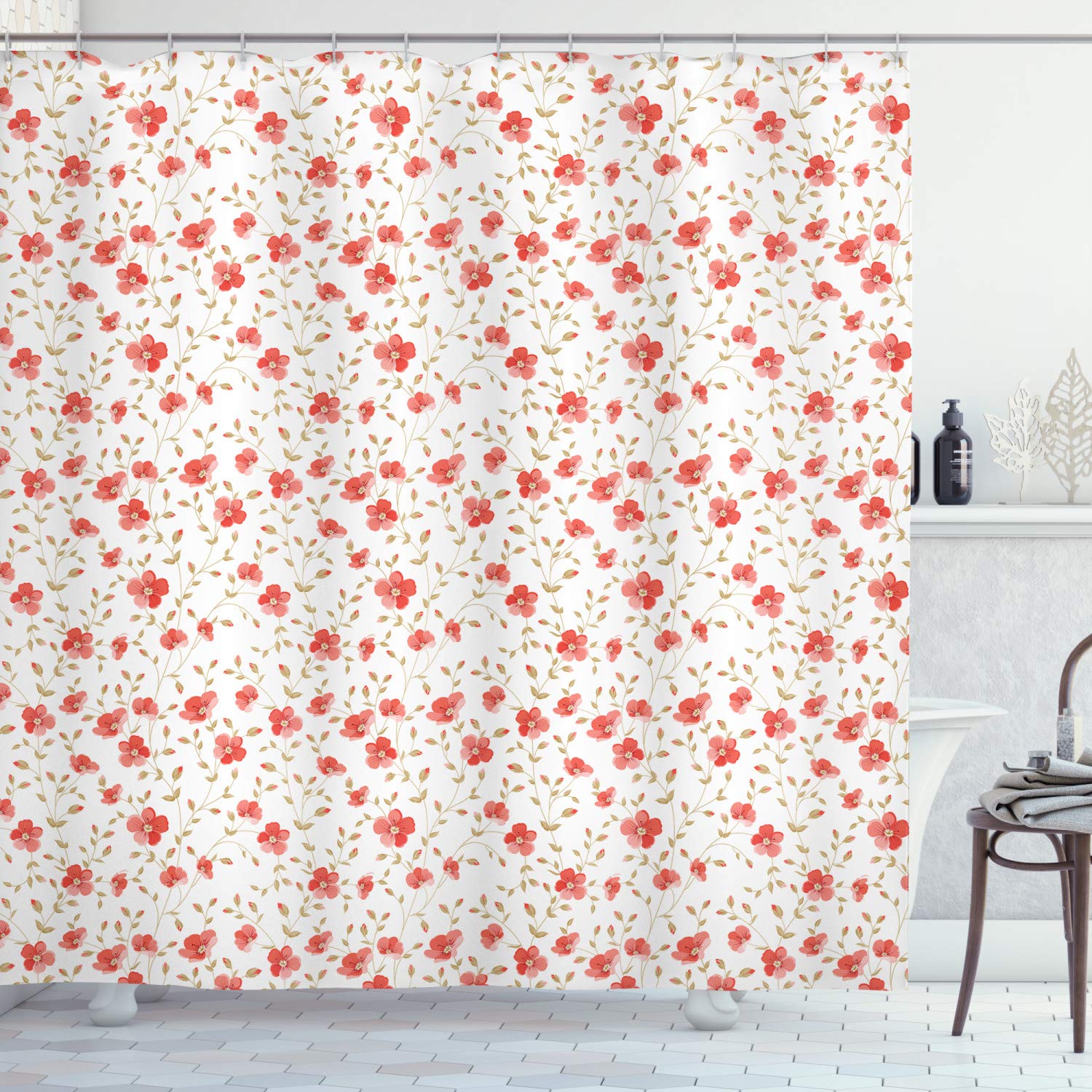 ABAKUHAUS Flower Shower Curtain, Flourishing Peonies in Vintage Style Flower Buds Bloom Summer Garden Artwork, Cloth Fabric Bathroom Decor Set with Hooks, 175 x 180 cm, Dark Coral White — image 1