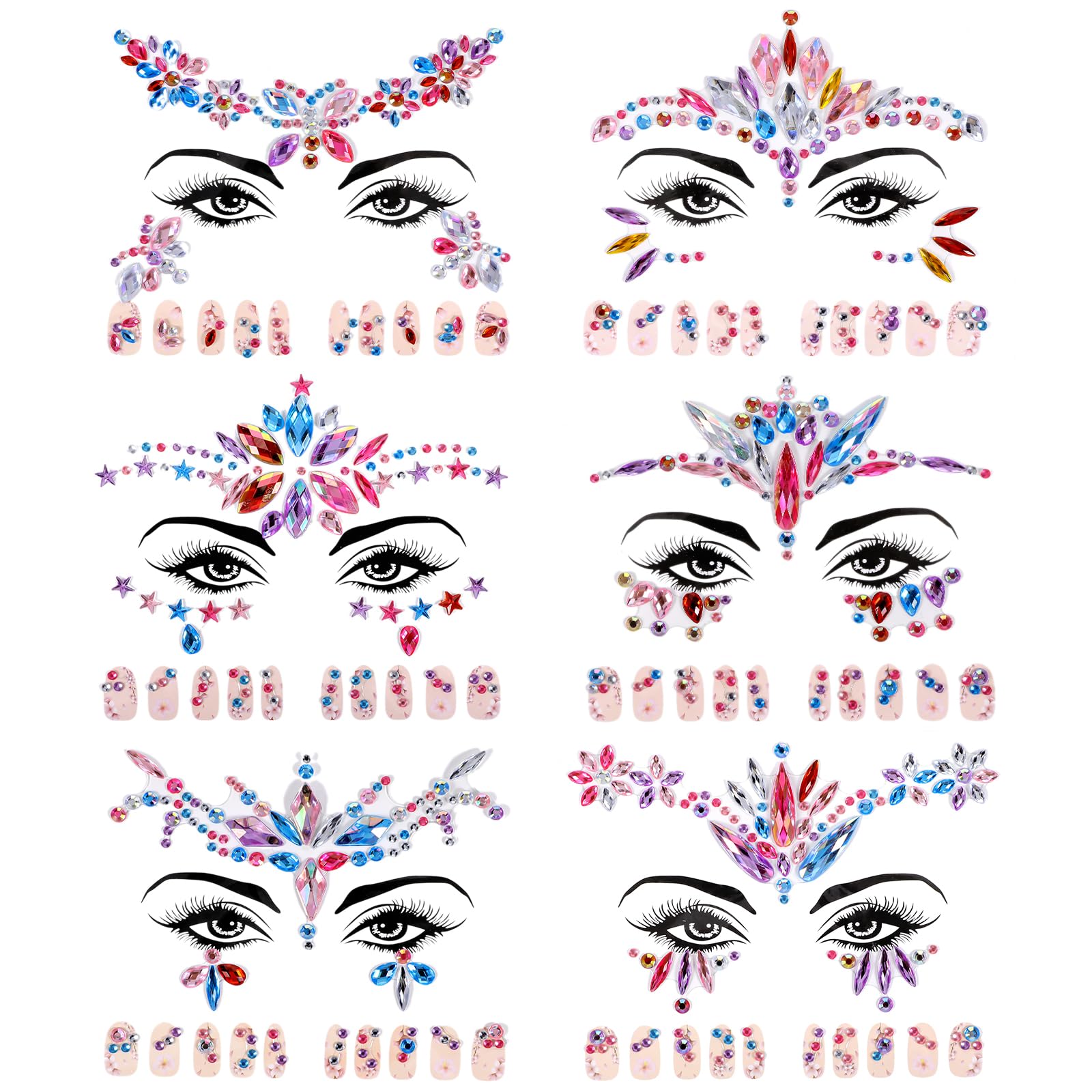 6Pcs Face Jewels Sticker Mermaid Face Gems Sticker Face Rhinestones Accessories Temporary Crystal Decorations Stick On Eyes Body Face for Christmas Festival Music Carnival Party Rave Makeup