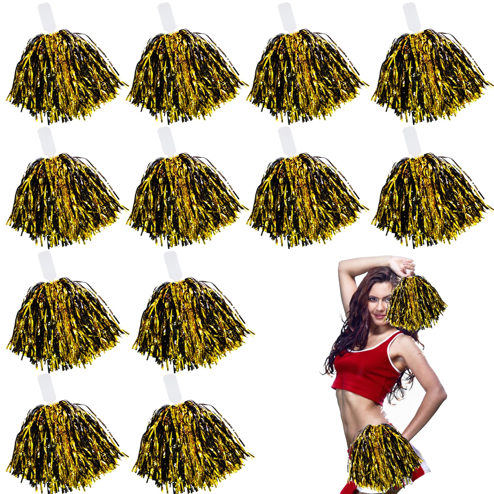 Msoesticc.dl 12 Handheld Cheerleading Pom Poms, Metallic Foil Cheerleader Pompoms Hand Flowers for Sports Cheers Dance Party Cheering Squard Team Spirit Games - Durable & Lightweight(Black + Gold)