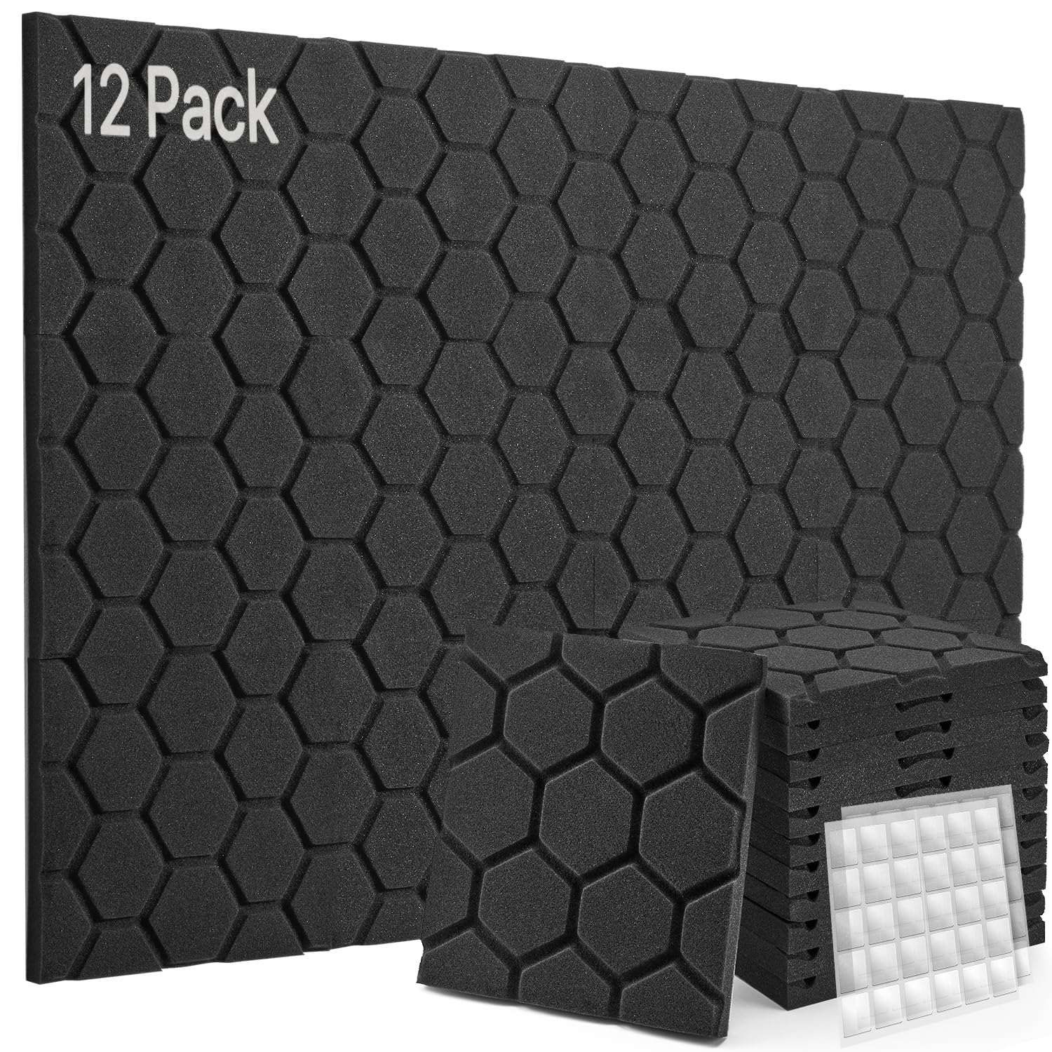 Photo 1 of Sound Proof Foam Panels, Soundsbay Acoustic Panels Sound Absorbing High Density Fire Resistant, 12 Pack Soundproof Wall Panels for Home Studio, with 60pcs Double-Side Adhesive, 12" X 12" X 1"