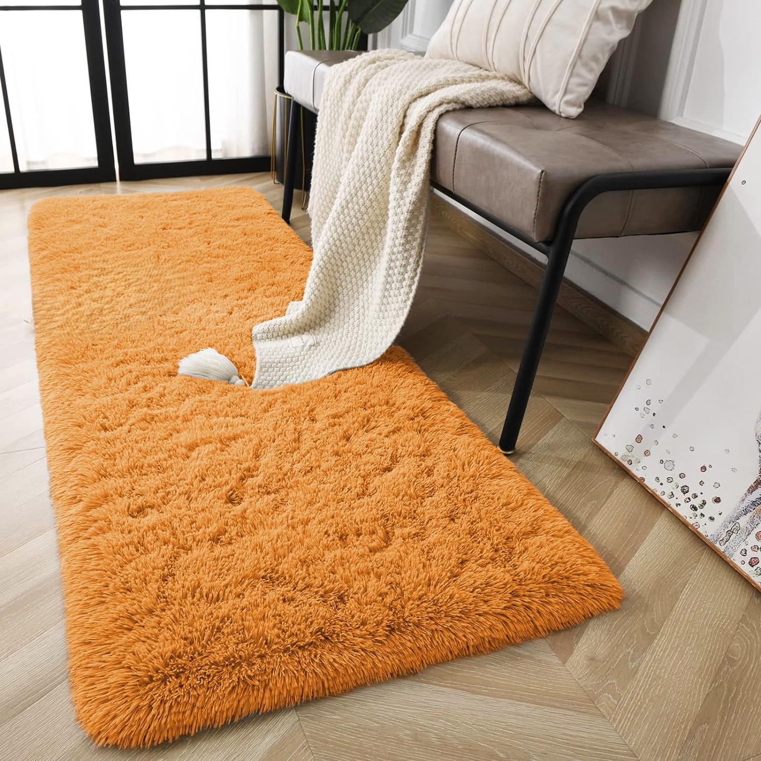 AMEHA Ochre Shaggy Runner Rug 60x220 cm Fluffy Soft Non Slip Long Hallway Carpet Yellow Non-Shedding