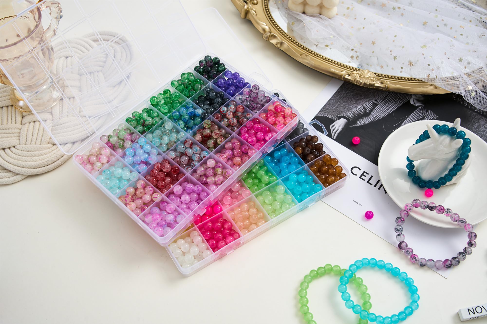 【2 Pack】 More Than 1300PCS Round Glass Beads for Jewelry Making,48 Colors 8mm Crystal Beads for Bracelets Jewelry Making and DIY Crafts, 2 Box Round Beads Suitable for Beginners. (Solid+Printing)