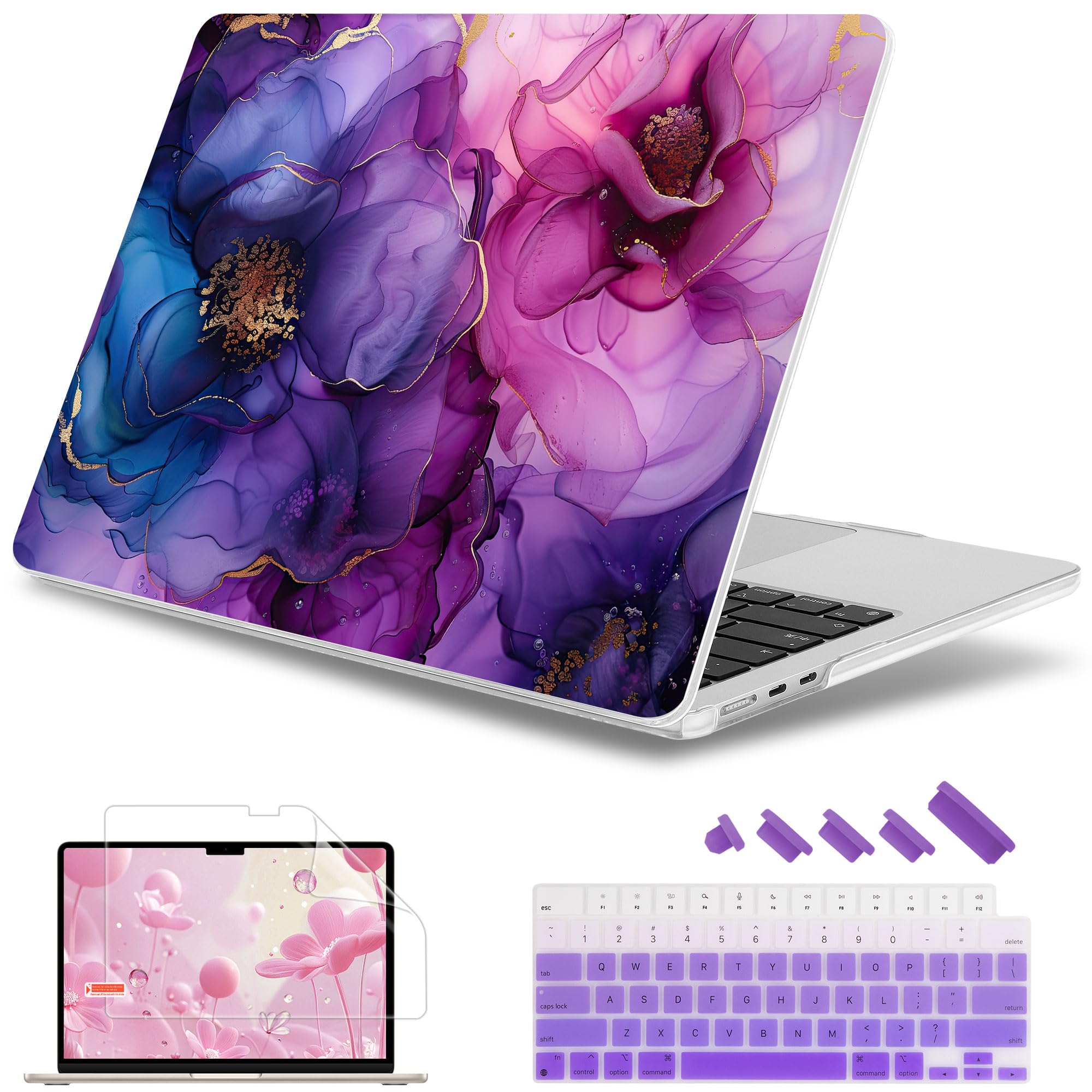 Photo 1 of May Chen Compatible with M4 MacBook Air 15 inch Case 2025 2024 2023 A3241 A3114 M3 A2941 M2 with Liquid Retina Display & Touch ID, Plastic Hard Shell with Keyboard Cover - Painting Floral