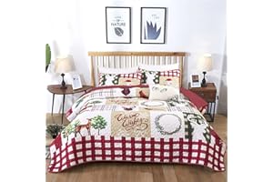 WONGS BEDDING Christmas Quilt Set King Size Rustic Christmas Tree Snowman Holly Holiday Wreath Pattern Bedding Quilted Bedspread Coverlet with 2 Pillowcases for All Season, Microfiber Quilt 103"x90"