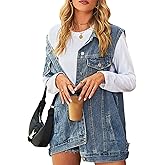 Oulivey Denim Jean Vest for Women Oversized Sleeveless Mid Long Button Down Denim Waistcoat