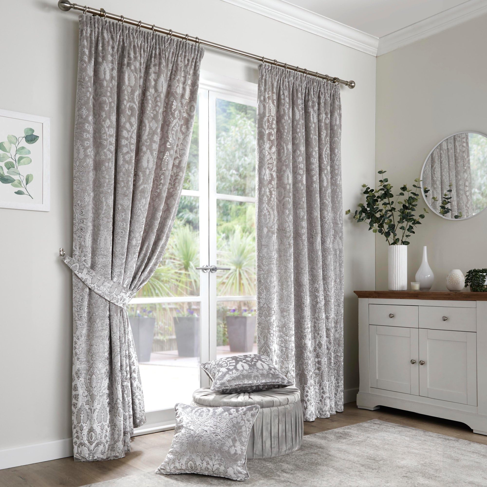 Curtina Silver Velvet Damask Curtains W66 x L54" (168 x 137cm) 2 Panels with Tie Backs Included Luxury Drapes