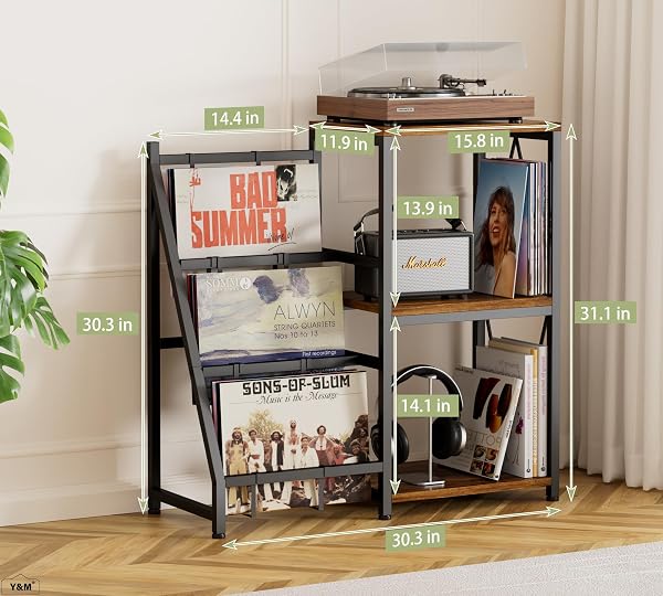 Y&M 3-TIER RECORD PLAYER STAND WITH VINYL RECORD STORAGE HOLDS UP TO 200 ALBUMS, TURNTABLE STAND WITH ALBUM STORAGE, RECORD SHELF DISPLAY TABLE FOR CD, END TABLE FOR HOME DECOR BEDROOM LIVING ROOM