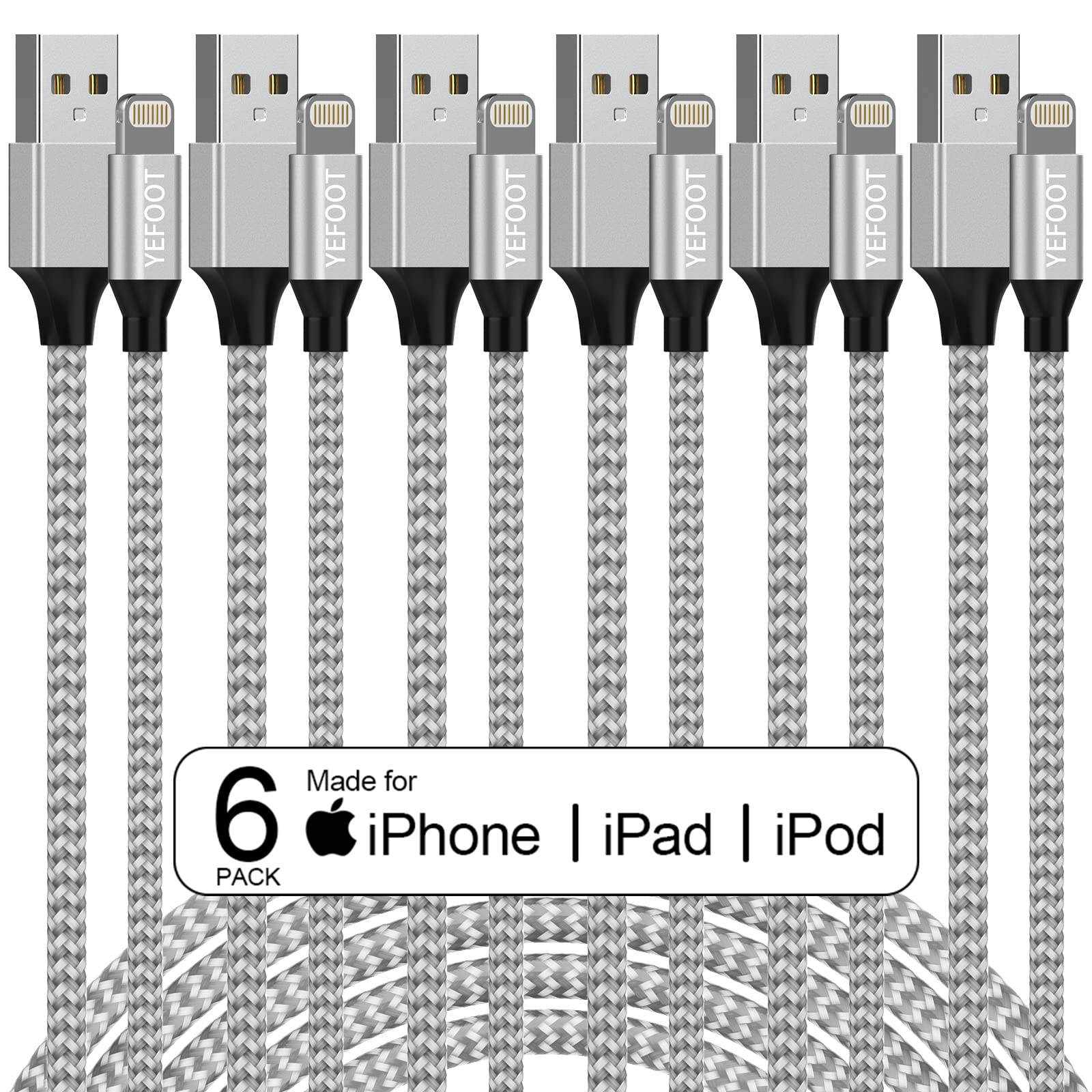 Photo 1 of [Apple MFi Certified] 6Pack[3/3/6/6/6/10ft] iPhone Charger Lightning Cable Compatible iPhone 14ProMax/14Pro/14/14Plus/13Pro/13/12Pro/12/11 and More-Silver&White