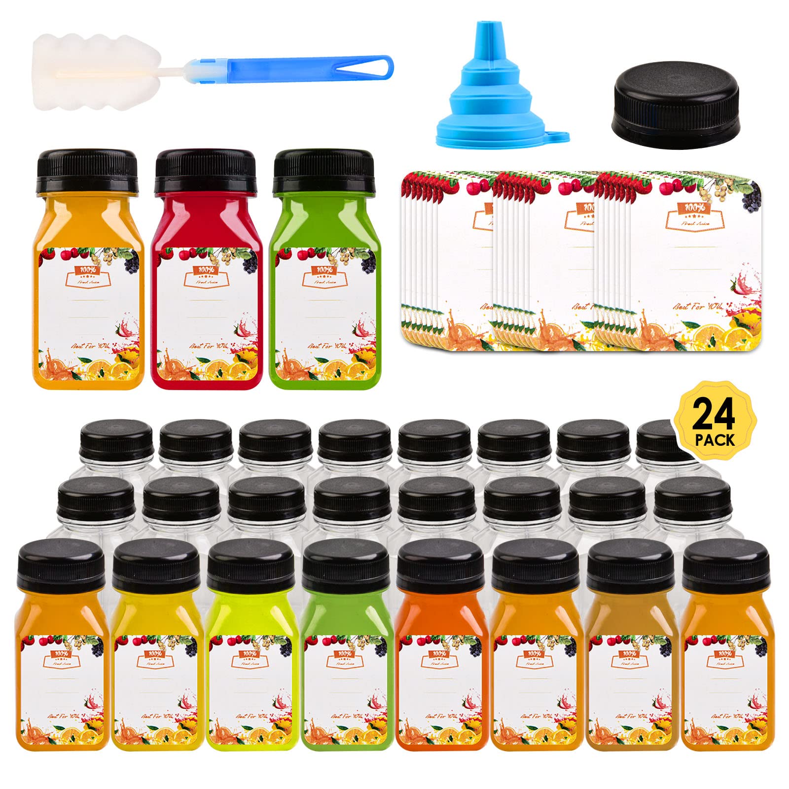 24pcs 4oz Mini Plastic Juice Bottles with Label, Funnel and Brush, Small Clear Shot Bottles with Lids for Juicing & Smoothies, Reusable Beverage Drink Containers for Mini Fridge, Milk, Water