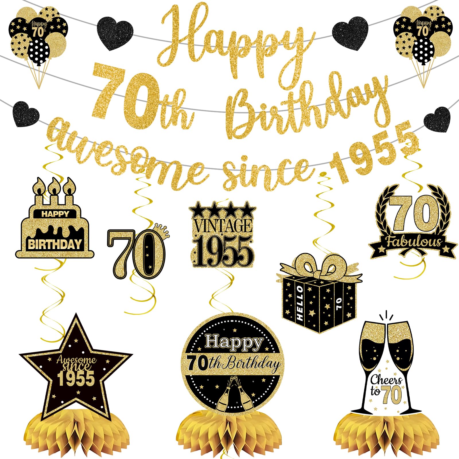 Photo 1 of 12Pcs 70th Birthday Decorations for Men Women Pre-Strung Black and Gold Glitter Happy 70th Birthday Awesome Since 1955 Banner Honeycomb Centerpieces Swirls Seventy Party Supplies