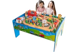 FUNPENY Train Table Toys,Wooden Train Track Railway City Sets Table for Kids Toddlers