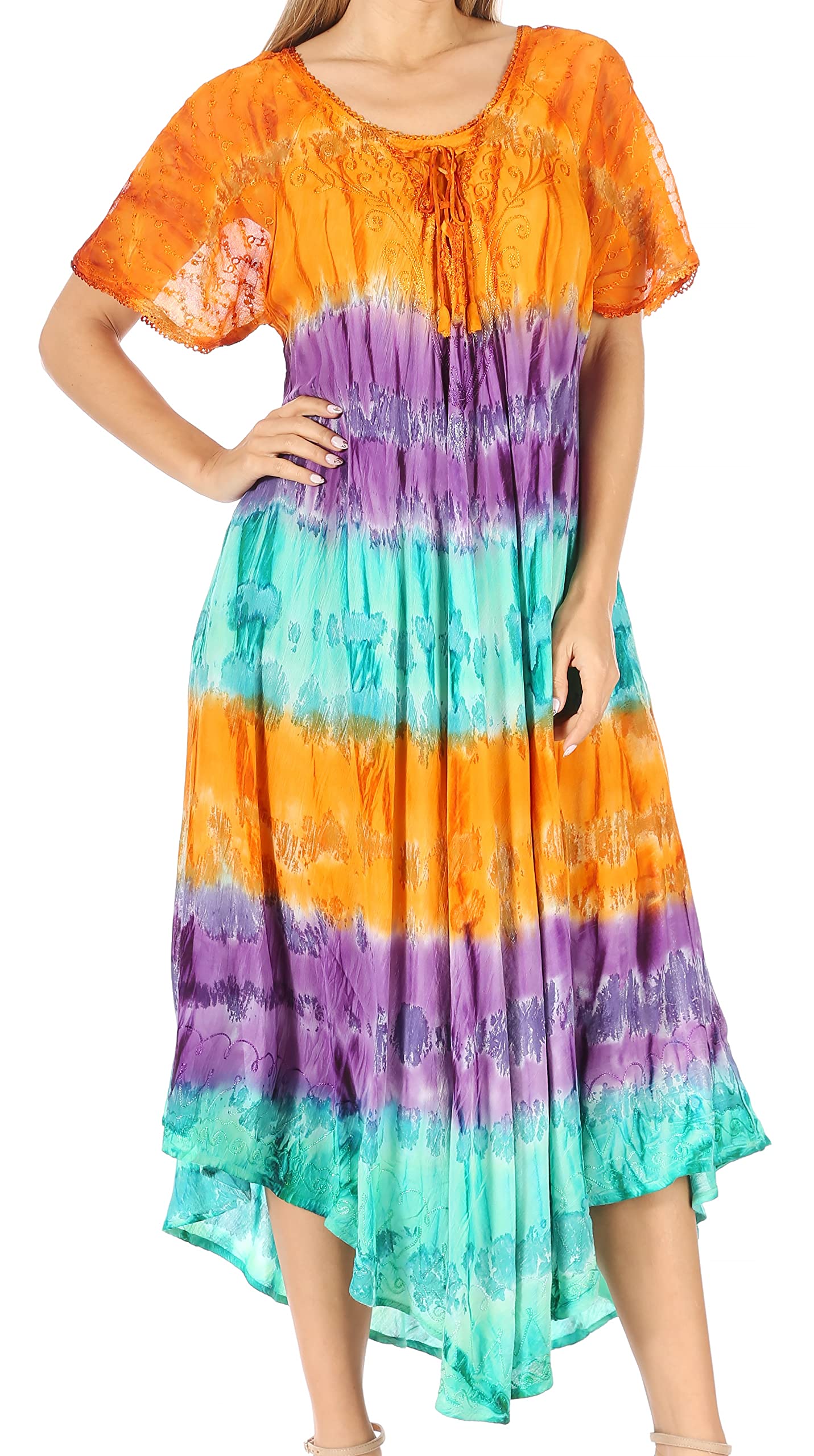 Sakkas 17506 - Sula Long Laced Cotton Tie-Dye Wide Neck Embroidered Boho Sundress Cover Up - Orange/Mint - OS