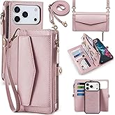 DKDKSIP Compatible with iPhone 17 Pro 6.3" Wallet Case with RFID Blocking Card Holder for Women, PU Leather Flip Zipper Wallet Detachable Magnetic Phone Case Crossbody Strap, Pink