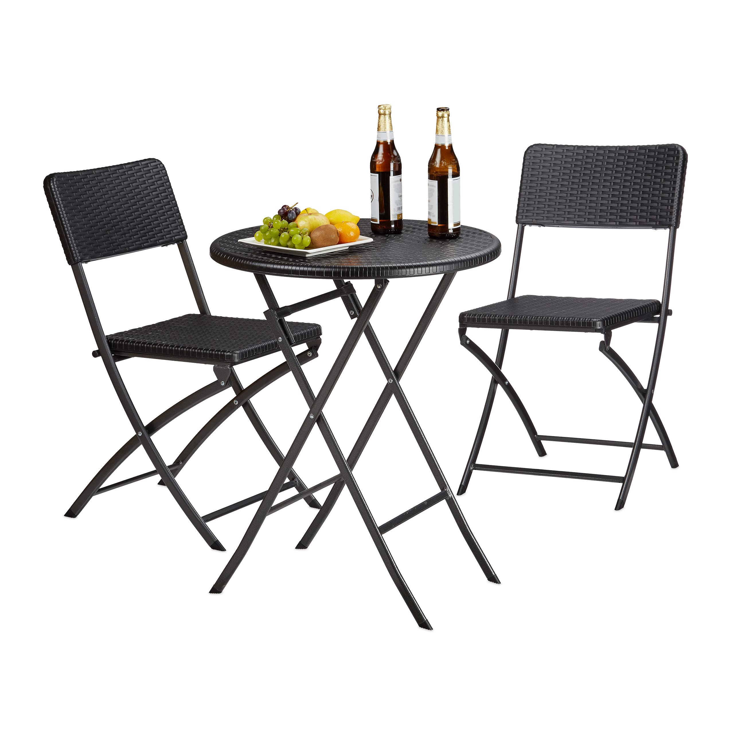 Relaxdays BASTIAN Garden Furniture Set, Foldable, 3-Pieces, Rattan-Look, HxWxD: 75.5 x 60 x 60 cm, Black