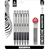 Zebra F-301 Ballpoint Stainless Steel Retractable, 0.7mm, Black Ink, Combo Pack of 6 BLACK INK Metal Pens with 3 BLACK INK RE