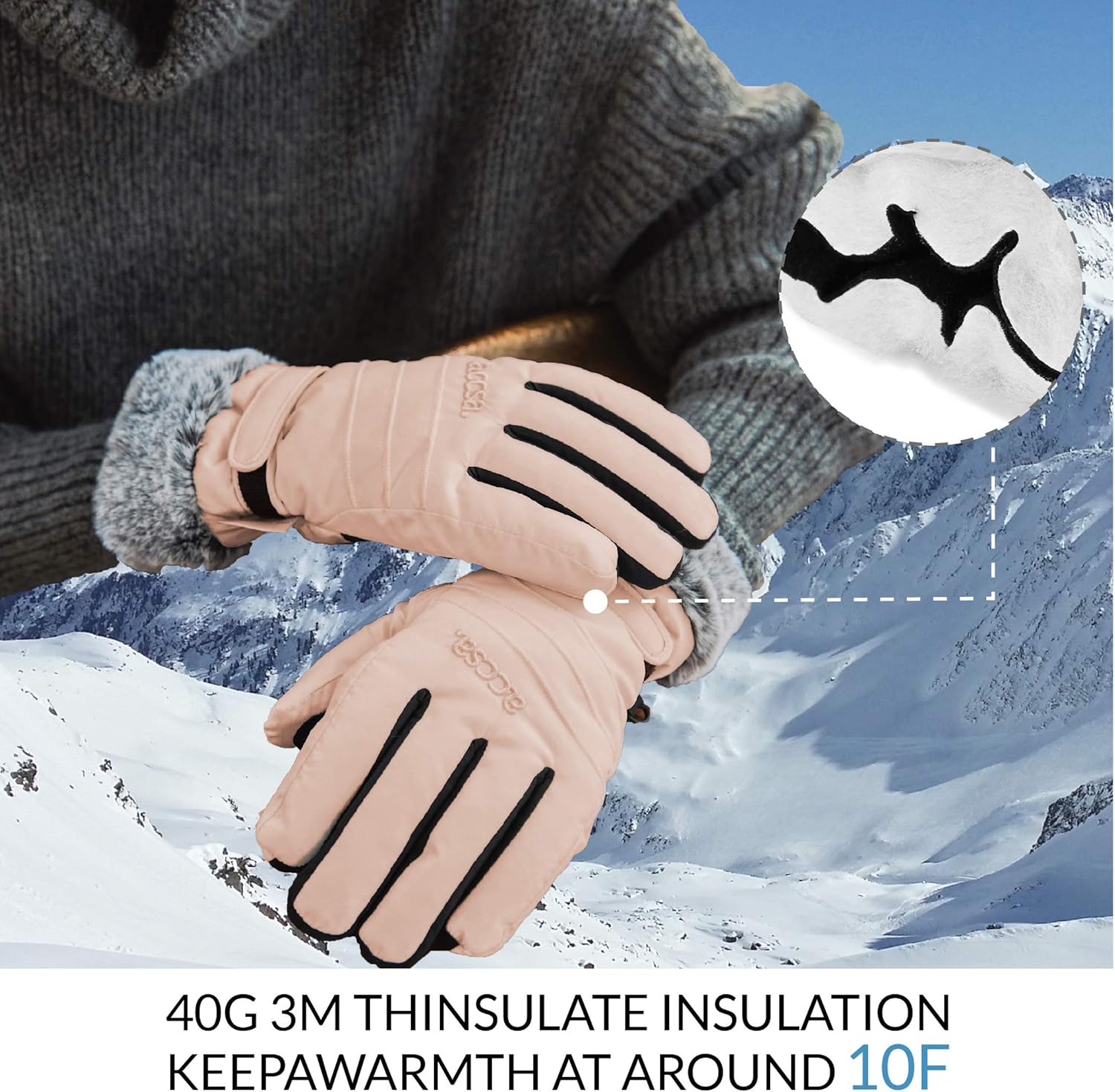 accsa Women Winter Ski Gloves 3M Thinsulate Waterproof & Windproof Snow Gloves for Skiing Anti-Slip Gloves Pink L: Clothing