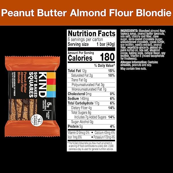 KIND SOFT BAKED SQUARES, PEANUT BUTTER ALMOND FLOUR BLONDIE, GLUTEN FREE, HEALTHY SNACK BARS, 5G PROTEIN, 6 COUNT
