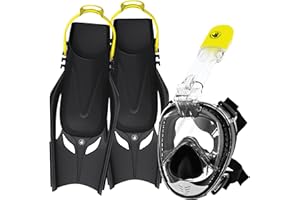 Body Glove - Free Breathing Snorkel Full FACE MASK Set-with FINS-Travel Bag-Anti Fog-Anti Leak-Panoramic View-Camera Mount-Open Water-Scuba Diving-Snorkeling Gear