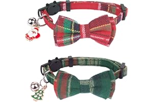 ADOGGYGO Christmas Cat Collars Breakaway with Removable Bow Tie Bell, 2 Pack Red Green Plaid Christmas Bow Collar for Cats Kittens