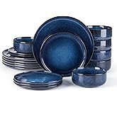 E-far 18-Piece Plates and Bowls Set, Dinnerware Sets for 6, Reactive Glaze Stoneware Dishes Dinning Ware, Microwave & Dishwasher Safe - Deep Sea Blue