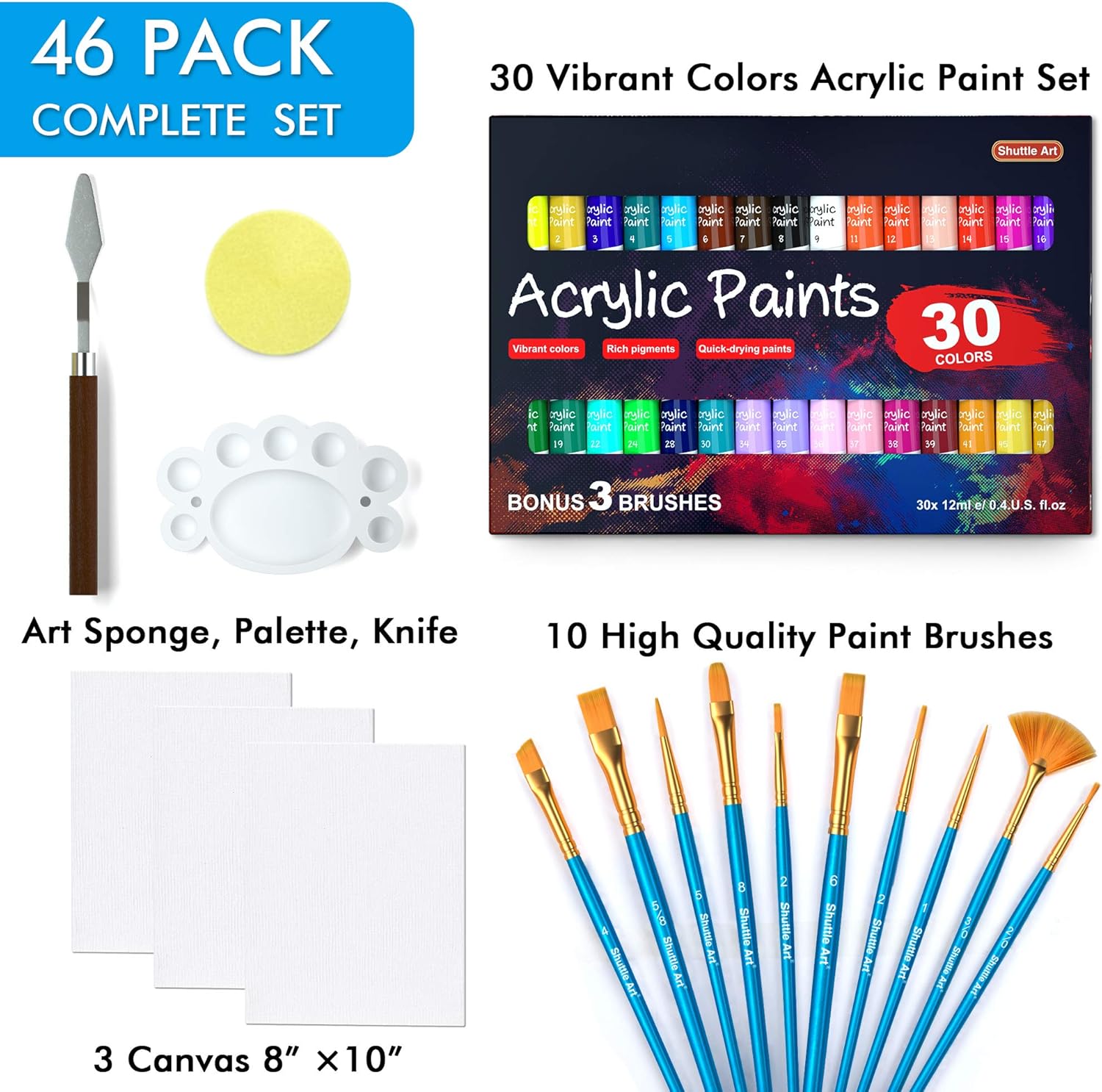 46 Pack Acrylic Paint Set, Shuttle Art 30 Colors Acrylic Paint with 10 Paint Brushes 3 Painting Canvas 1 Paint Knife Palette Sponge, Complete Gift Set for Kids, Adults Painting Canvas, Wood, Ceramic : Office Products