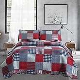 Jessy Home Plaid Quilt Set Twin Bedspread Coverlet Set Red Blue White Patchwork Twin Size Quilt Set Bedding Soft Lightweight Quilts Coverlet Country Reversible Quilt Bed Spread with 2 Pillow Shams