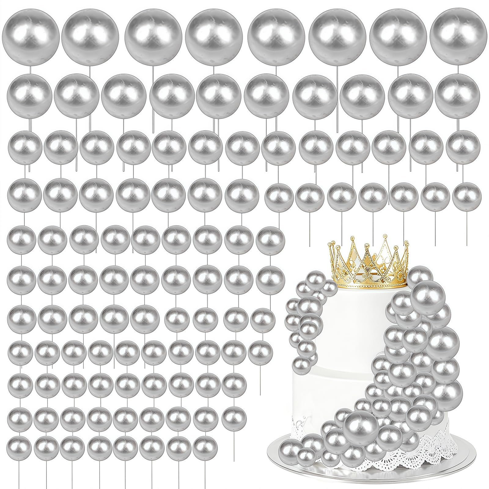 Round Ball Cake Toppers, 120 PCS Cake Balls, Ball Cake Toppers, Mini Balloons Cake, DIY Topper Insert Decoration for Wedding Party Birthday Decorating (120, Silver)