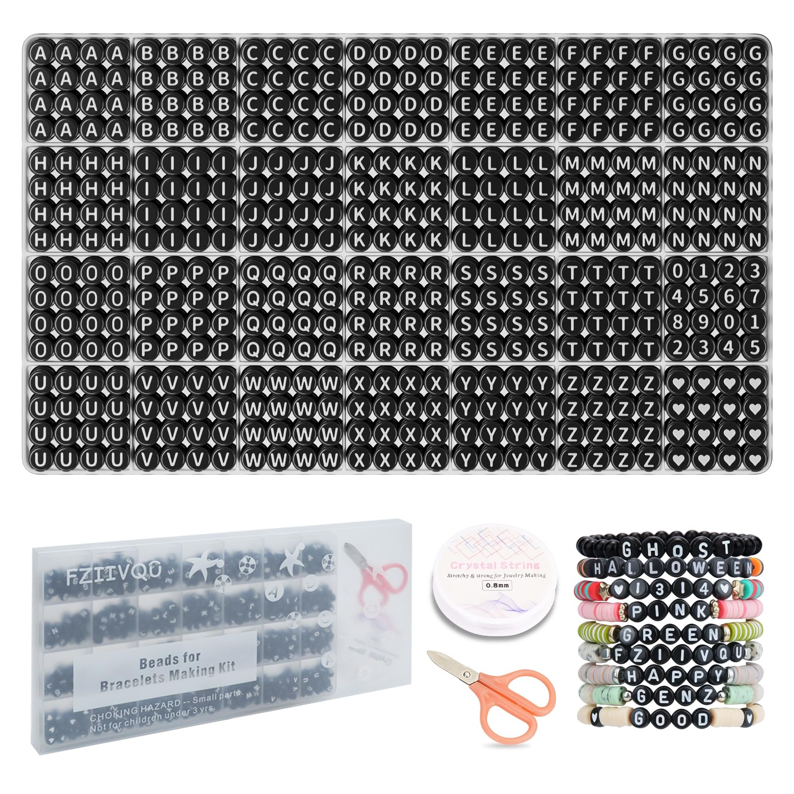 FZIIVQU 1450 Piece Letter Beads Kit, 4x7 mm Black Acrylic Alphabet & Number Beads for Jewelry Making, Heart & Friendship Bracelet Making — image 1