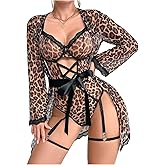 OYOANGLE Women's 5 Piece Leopard Print Robe Lingerie Set Sexy Lace Trim Bodysuit with Belt Garter