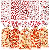 Konsait 100 Pcs Valentine Cellophane Treat Bags with Golden Twist Ties 5 Style Clear Treat Bags for Valentines Day Wedding Birthday Party Favor Supplies