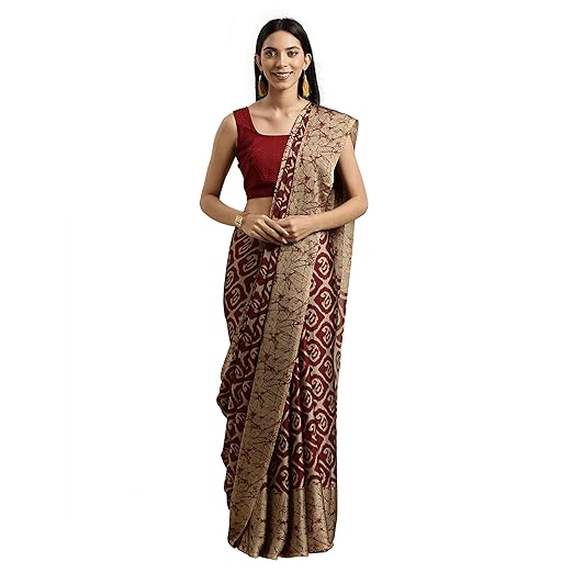 Womanista Womens Crepe with Blouse Piece 7510 Sarees (TKIM800_Red & Beige_Free Size)