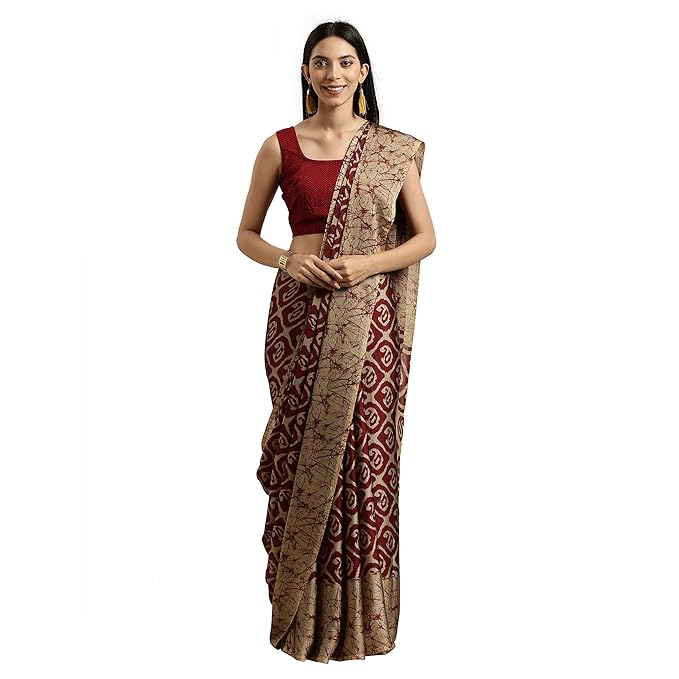 Women's Crepe with Blouse Piece 7510 Sarees (TKIM800_Red & Beige_Free Size)
