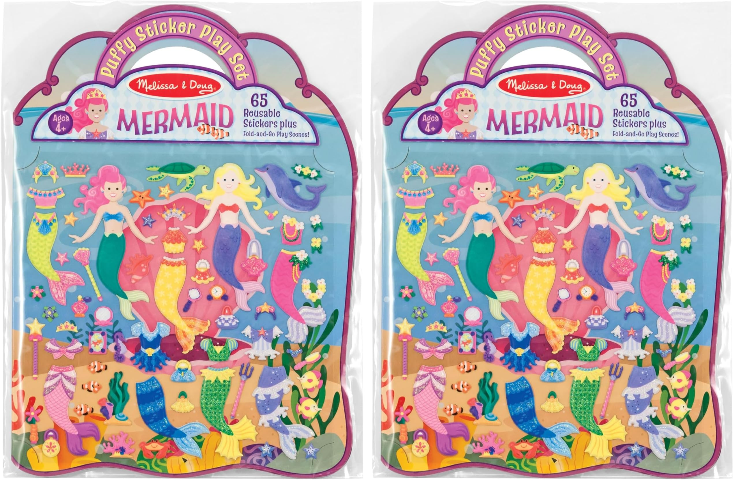 Melissa & Doug Puffy Sticker Play Set – Mermaids,65 Reusable Stickers with 2 Fold-Out Scenes,Restickable Fashion Activity Book,Mess Free Travel Toys for Kids Ages 4+ - FSC Certified,(Pack of 2)