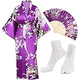 Heone Kimono Satin Peacock Printed Lightweight Cardigan Jacket Coat Yukata Cloak Bathrobe Tops folding Fans Tabi Socks Set