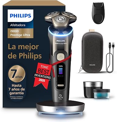 i9000 Prestige Ultra, Afeitadora Eléctrica Hombre, Máquina de Afeitar Barba en Seco y Mojado, Tecnología SkinIQ Pro, Base de Carga, Recargable, Estuche Premium, Centro de limpieza, XP9405/31