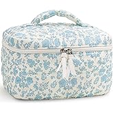 Prite Large Makeup Bag Cute Cosmetic Bag for Women Floral Coquette Aesthetic Toiletry Bag Travel Make Up Organizer Bag(Blue Flower)