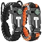 Paracord Bracelet (2 pack) – Tactical and Survival Gear Kit – Adjustable Size – Fire Starter – Loud Whistle – Emergency Knife – Perfect for Hiking, Camping, Fishing and Hunting – Black & Black+Orange