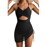 EVOCRCO Women's Mesh One Piece Swimdress V Neck Cutout Swim Dresses Bathing Suit Wrap Sarong Swimwear
