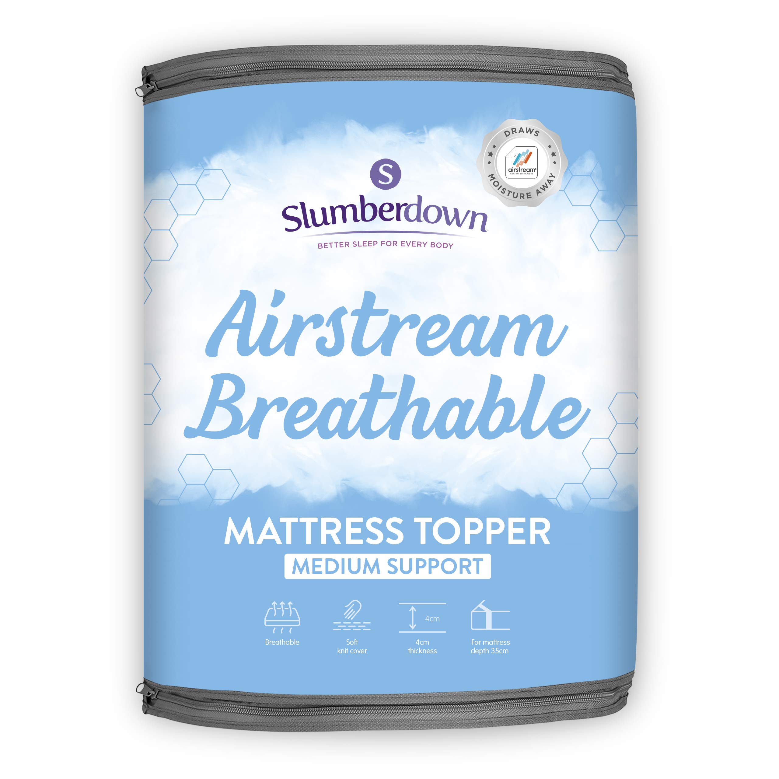 Slumberdown Airsteam Mattress Topper Double Bed - 4cm Breathable, Cool & Supportive Mattress Cover for Hot Sleepers | UK-Made, Soft Touch Cover, Non-Allergenic, Elasticated Straps (135 x 190cm)