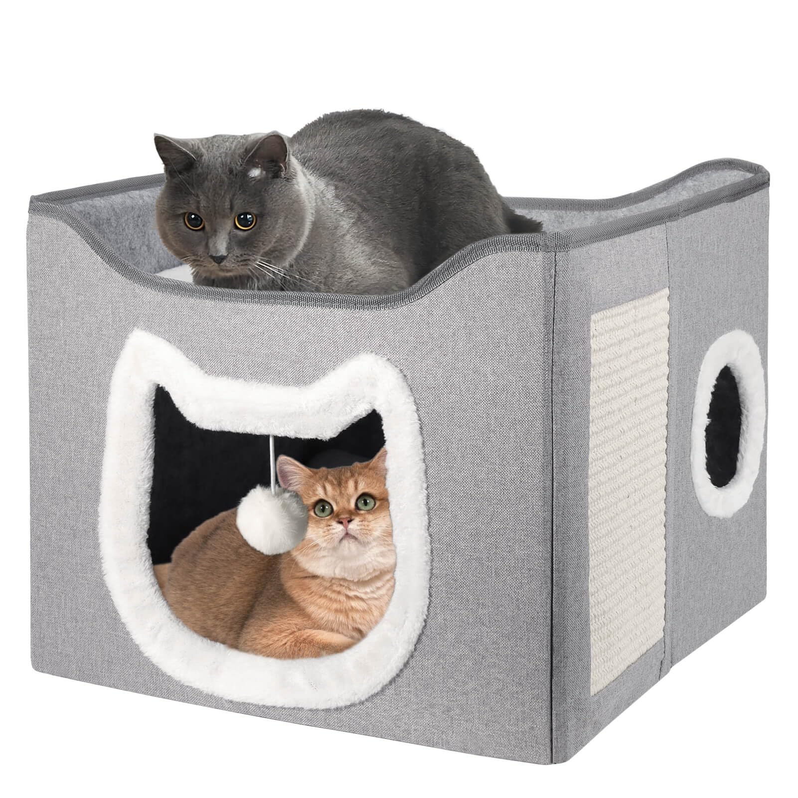 UNKJIN Cat House, Cat Beds for Indoor Cats, Foldable Cat Cave with Fluffy Ball and Scratching Pad, Cat House Indoor for Multi Small Pets, Grey
