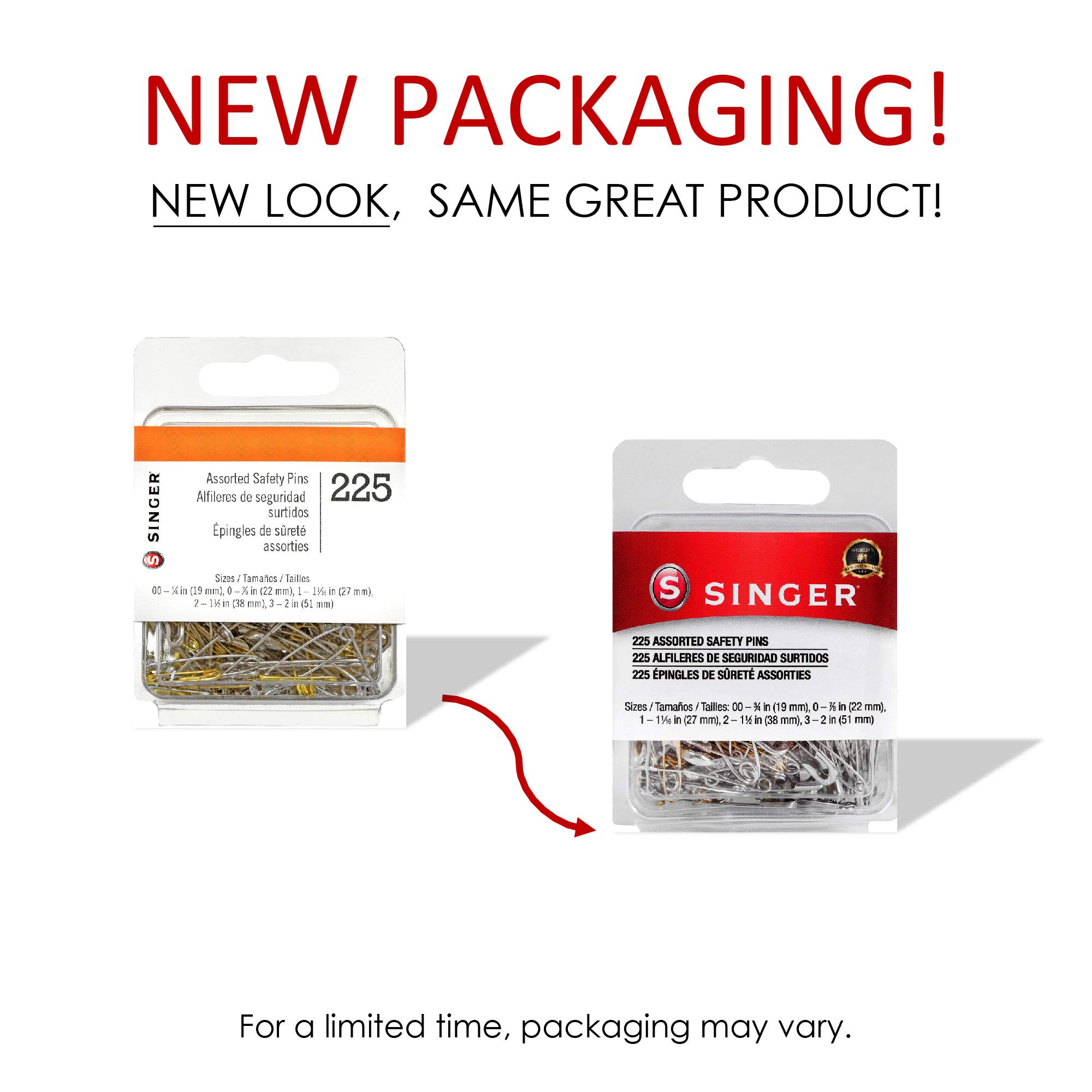 Singer 00225 Assorted Steel and Brass Safety Pins, Multisize, 50-Count