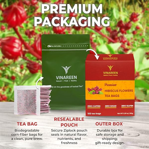 VINAREEN HIBISCUS TEA BAGS, 100 COUNT – HERBAL TEA MADE FROM PURE HIBISCUS FLOWERS – TE DE FLOR DE JAMAICA – SUPPORT DIGESTION, HEALTHY SKIN & SLEEP – CAFFEINE FREE, SUGAR FREE, VEGAN, NON-GMO, NO ADDITIVES.