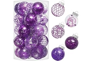 SY SUPER BANG 60MM/2.36" Clear Christmas Ornaments Set, 25PCS Shatterproof Decorative Hanging Ball Ornament with Stuffed Delicate Decorations, Xmas Tree Balls for Halloween Holiday Party- Purple.