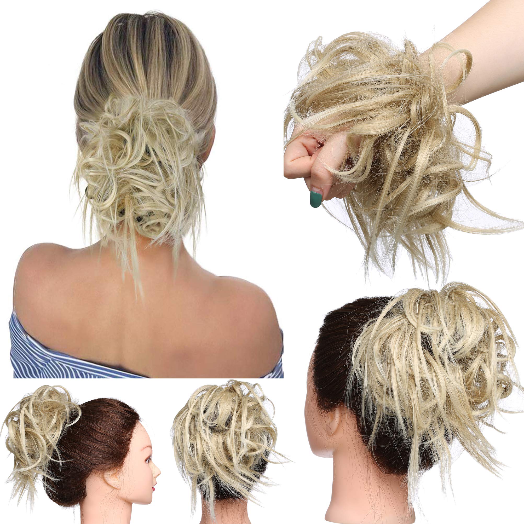 Tousled Updo Messy Bun Hair Piece Scrunchies Hair Synthetic Wavy Bun Extensions Fluffy Updo Scrunchy Chignon with Elastic Rubber Band Wrap on Donut Ponytail Hairpieces Ash Blonde mix Bleach Blonde