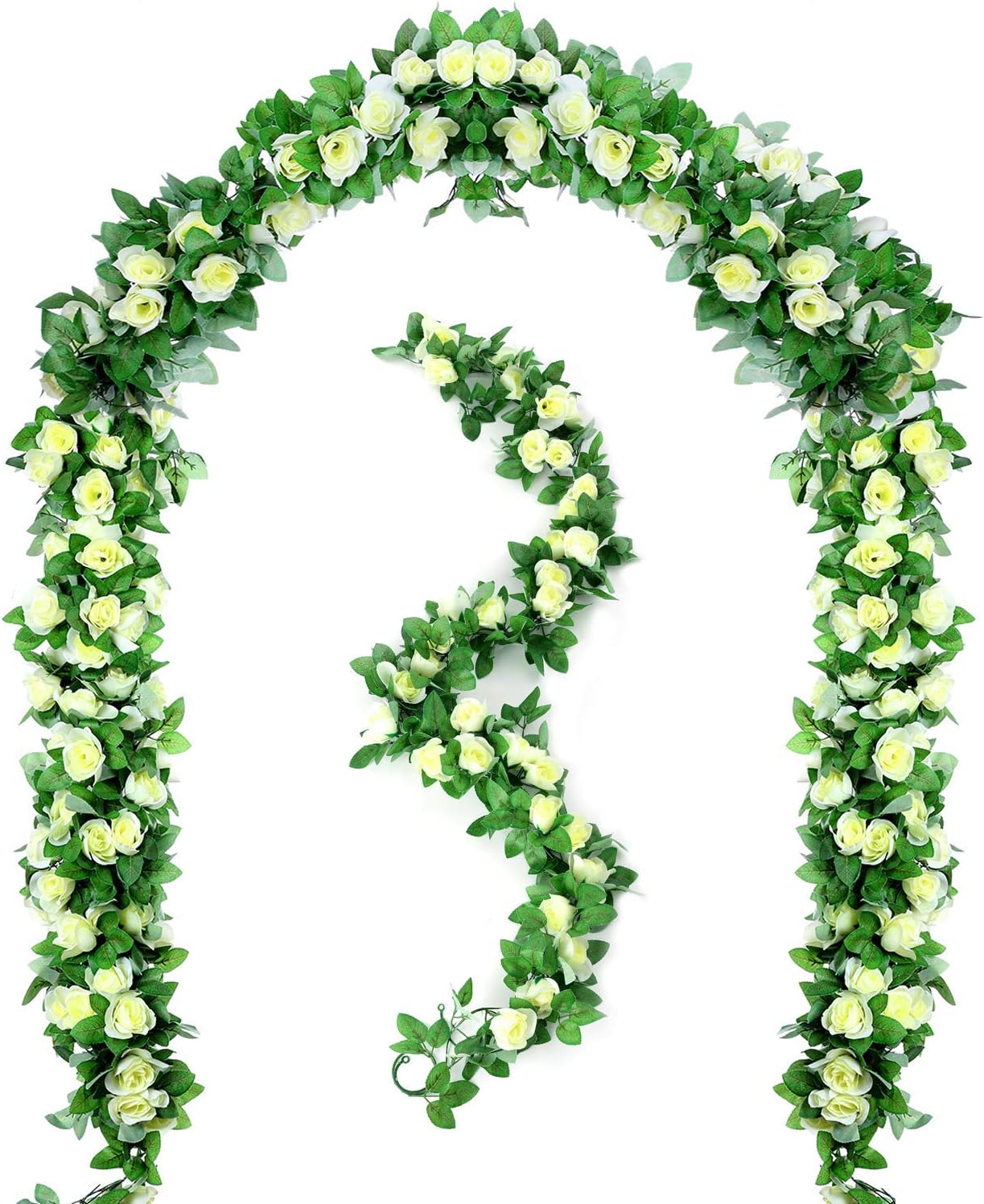Peoxio 2 Pack 6.5 FT Artificial Flowers Rose Vine Plants Hanging Rose Ivy Wedding Garland Greenery Home Hotel Office Party Garden Craft Art Decor (White)