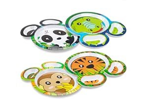 Bentology Zoo Friends Mealtime Melamine Feeding Plates - Set of 4 Different Cute Animal Pal Dishes for Kids - Panda, Alligator, Tiger & Monkey - Divided Compartments, BPA Free - Gift for Toddlers
