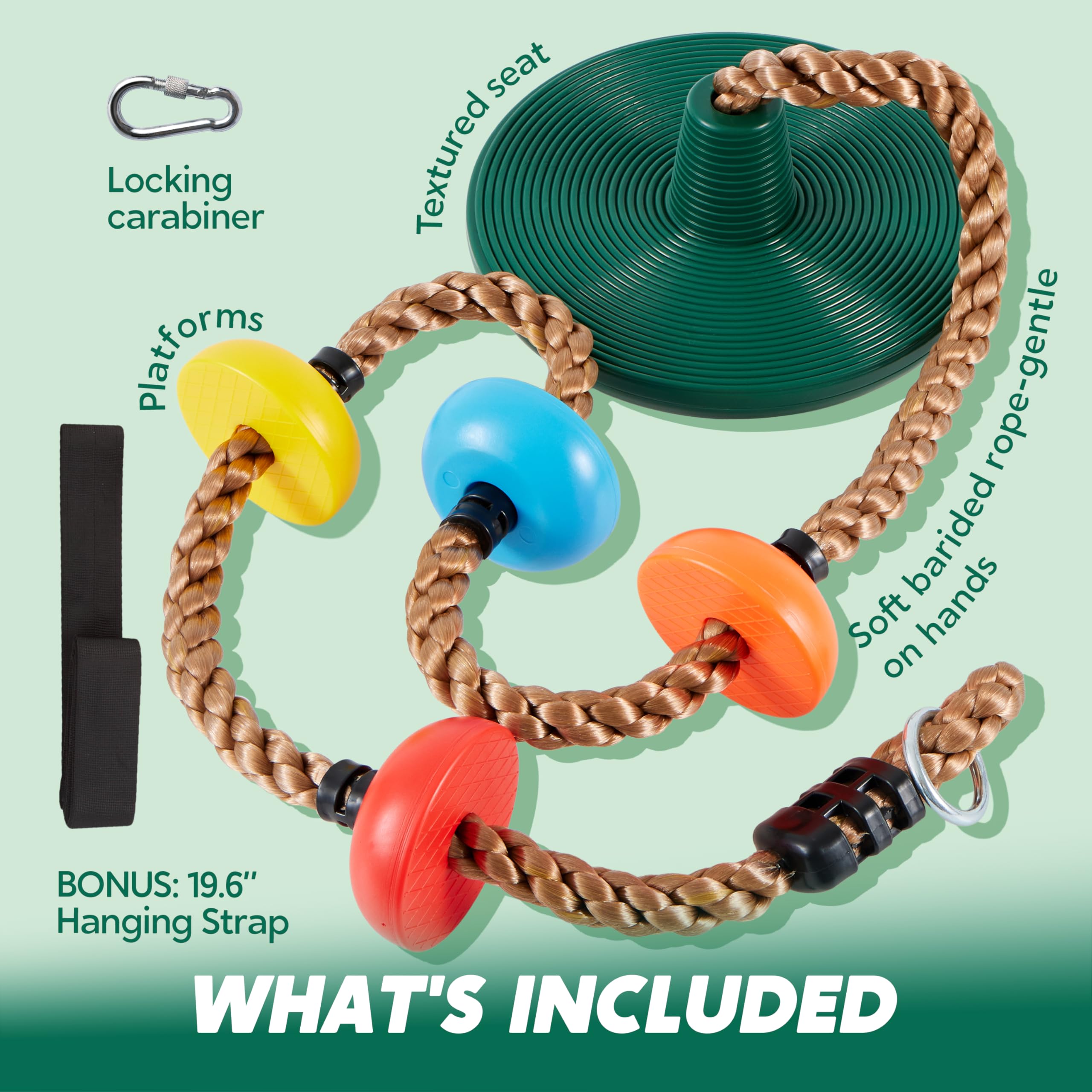 TURFEE Tree Swing for Kids - Single Disc Seat and Climbing Rope Set w/Carabiner & 4 Ft Strap - Treehouse and Outdoor Playground Accessories - Green ?